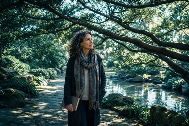 A thoughtful adult standing beneath branching trees beside reflective water