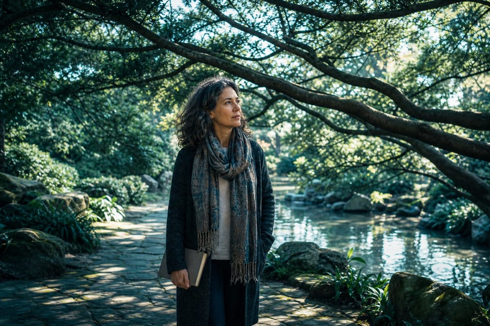 A thoughtful adult standing beneath branching trees beside reflective water