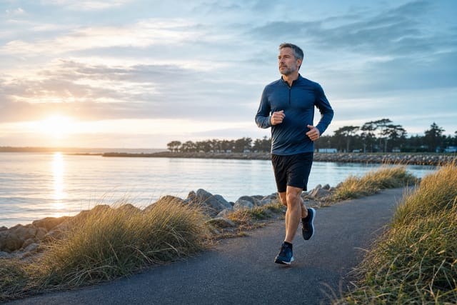 A middle-aged adult running comfortably beside calm coastal water at sunrise