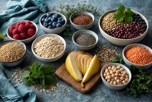 Whole grains, legumes, berries, seeds, oats, and pear arranged on a mineral-blue table