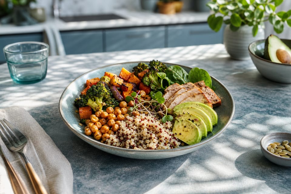 A balanced whole-food meal with vegetables, legumes, grains, avocado, and protein