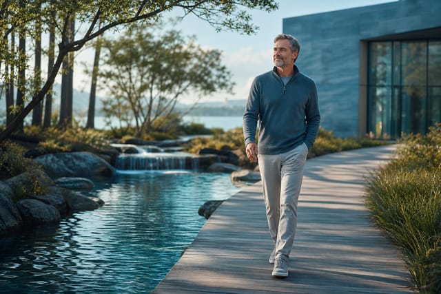 A middle-aged adult walking calmly beside clear flowing water