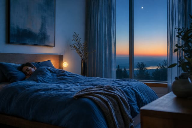 A serene bedroom at blue hour with soft dawn light beyond the window