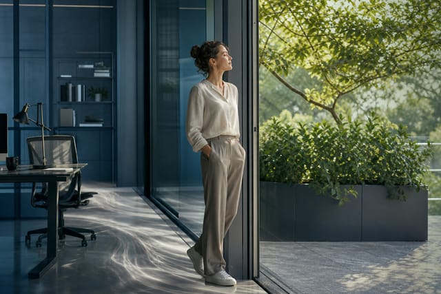 An adult pausing between a modern workspace and a sunlit garden terrace