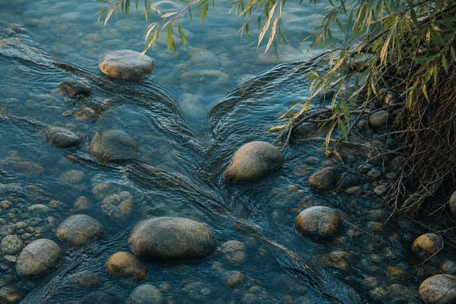 Clear water branching around smooth stones beneath willow leaves